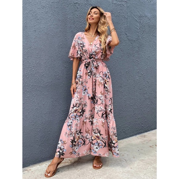 Surplice V Neck Floral Print Belted Short sleeve Maxi Dress pink - Picture 6 of 6